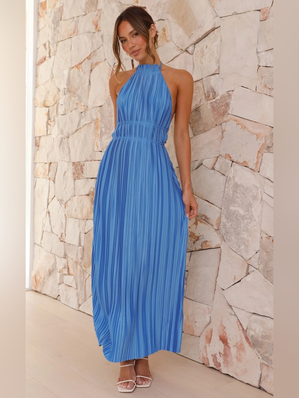 Billy J Frances Pleated Crinkle Maxi Dress in blue size US 6
